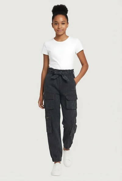 Girls Acid Wash Tie Waist Belted Cargo Joggers, Black, Size 12