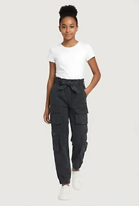 Girls Acid Wash Tie Waist Belted Cargo Joggers, Black, Size 12