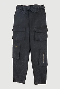 Girls Acid Wash Tie Waist Belted Cargo Joggers