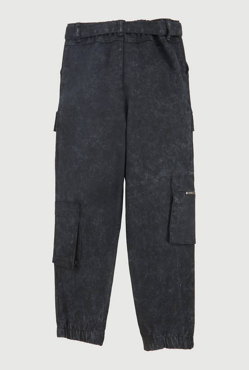 Girls Acid Wash Tie Waist Belted Cargo Joggers