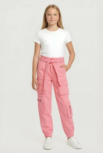Girls Cargo Joggers with Tie Waist Belt, Pink, Size 10