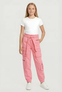 Girls Cargo Joggers with Tie Waist Belt