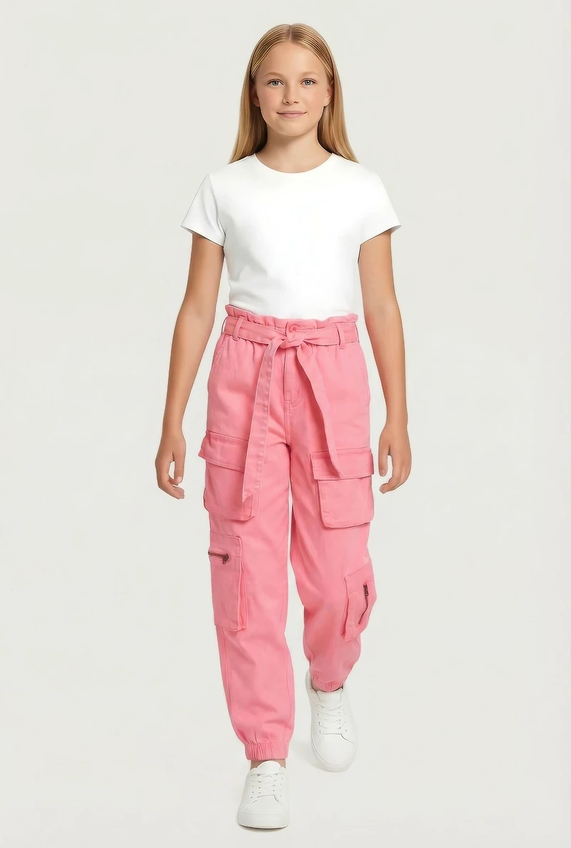 Girls Cargo Joggers with Tie Waist Belt