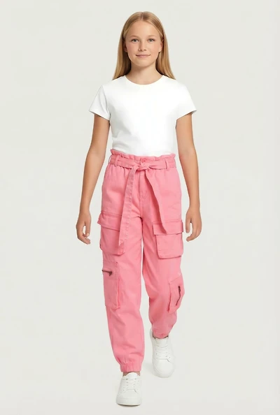 Girls Cargo Joggers with Tie Waist Belt