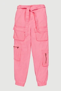 Girls Cargo Joggers with Tie Waist Belt, Pink, Size 10