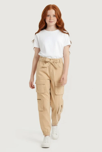 Girls Tie Waist Belted Zip Detail Cargo Joggers, Khaki, Size 14-16