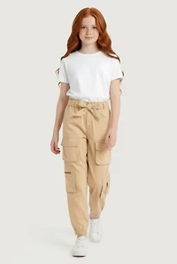 Girls Tie Waist Belted Zip Detail Cargo Joggers, Khaki, Size 14-16