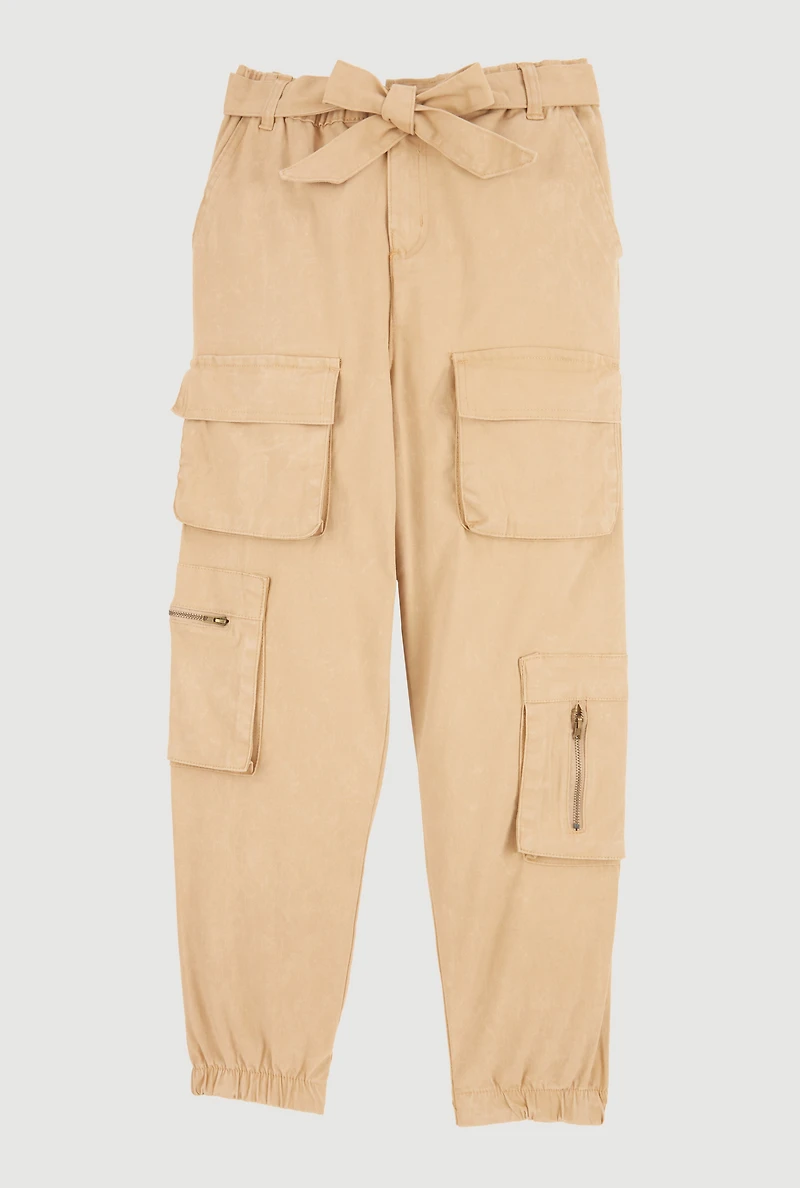 Girls Tie Waist Belted Zip Detail Cargo Joggers