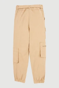 Girls Tie Waist Belted Zip Detail Cargo Joggers, Khaki, Size 14-16