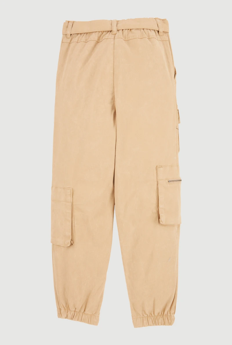 Girls Tie Waist Belted Zip Detail Cargo Joggers