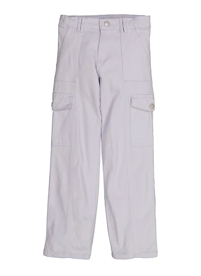 Girls Twill Solid Wide Leg Cargo Pants, White, Size 7