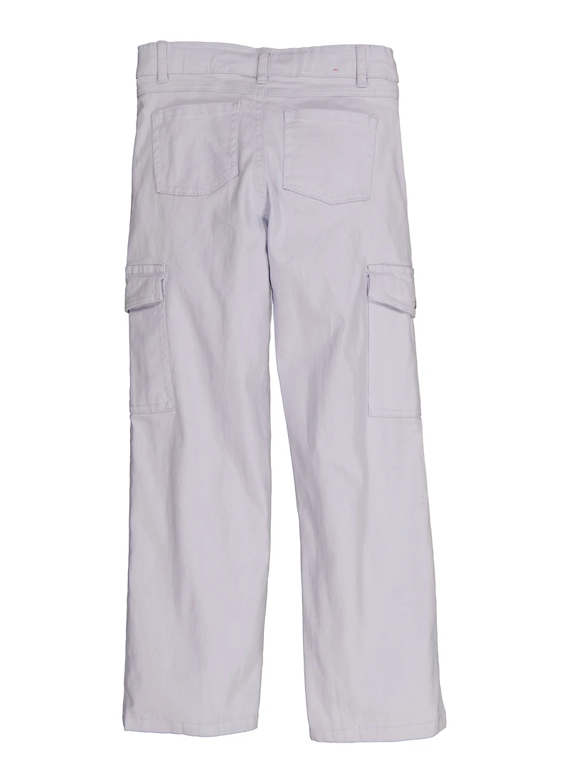 Girls Twill Solid Wide Leg Cargo Pants, White, Size 7