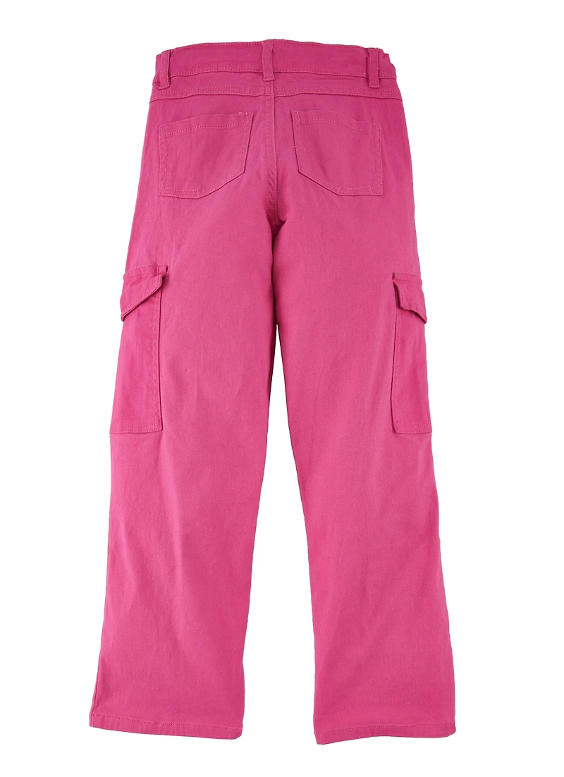 Girls Twill Solid Wide Leg Cargo Pants