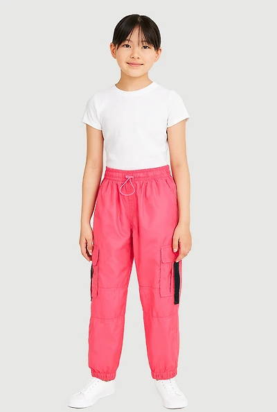 Girls Nylon Parachute Cargo Pants, Pink, Size 10-12