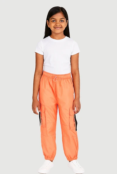 Girls Nylon Parachute Cargo Pants, Orange, Size 10-12