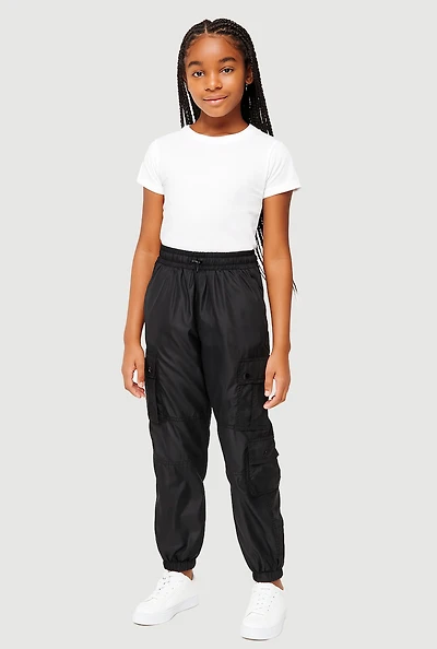 Girls Nylon Toggle Drawstring Cargo Joggers, 7-8