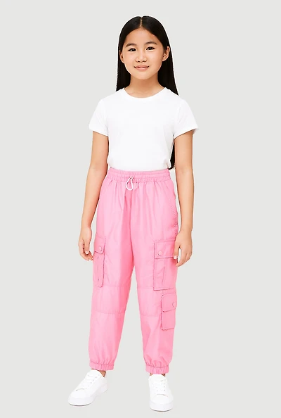 Girls Nylon Toggle Drawstring Cargo Joggers, Pink, Size 10-12