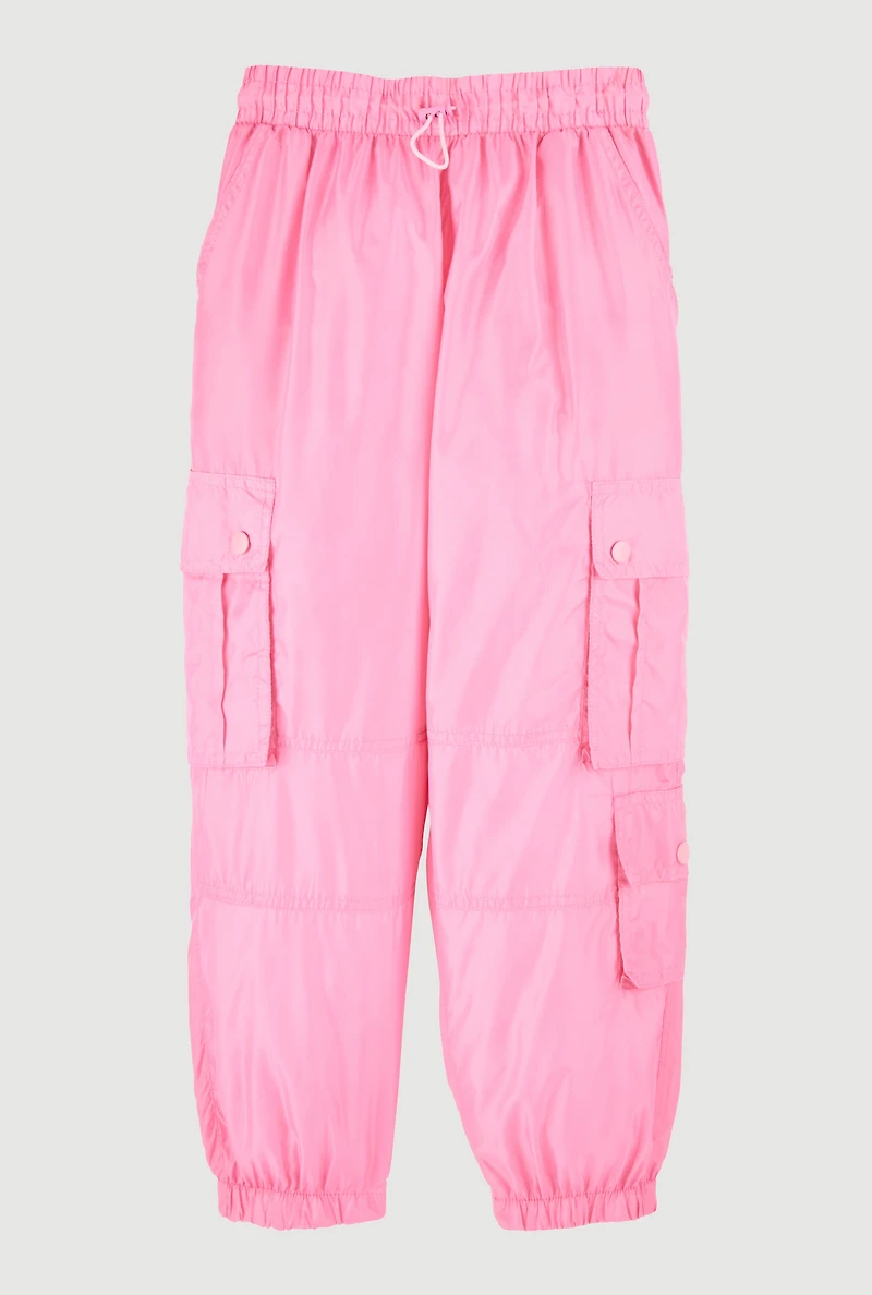 Girls Nylon Toggle Drawstring Cargo Joggers, Pink, Size 10-12