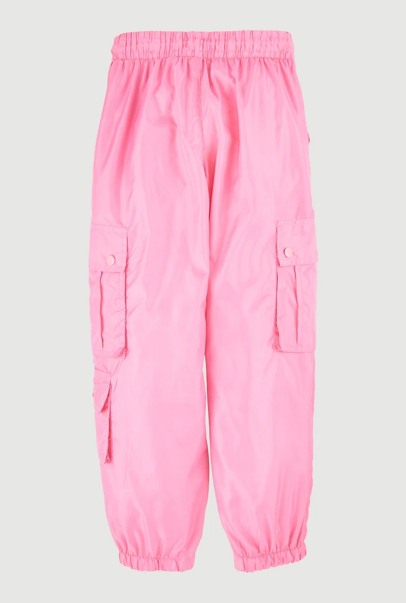 Girls Nylon Toggle Drawstring Cargo Joggers, Pink, Size 10-12