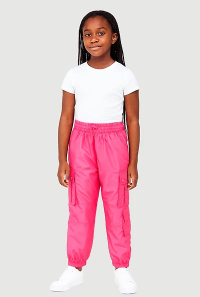 Girls Nylon Toggle Drawstring Cargo Joggers, Pink, Size 7-8