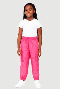 Girls Nylon Toggle Drawstring Cargo Joggers, Pink, Size 7-8