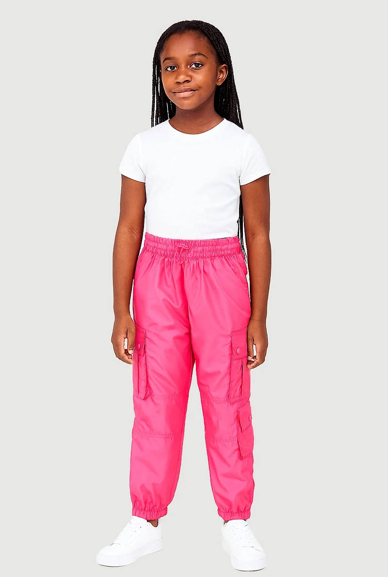 Girls Nylon Toggle Drawstring Cargo Joggers, Pink, Size 10-12