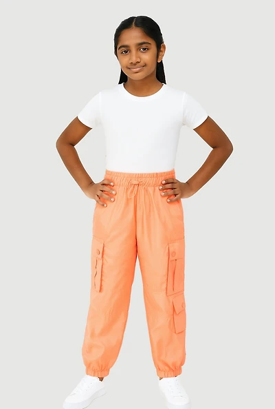 Girls Nylon Toggle Drawstring Cargo Joggers,