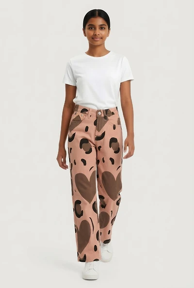 Girls Animal Heart Print Straight Leg Pants