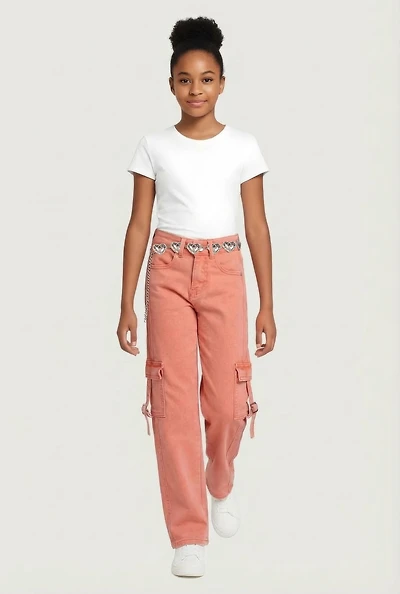 Girls Acid Wash Cargo Jeans with Heart Chain Belt