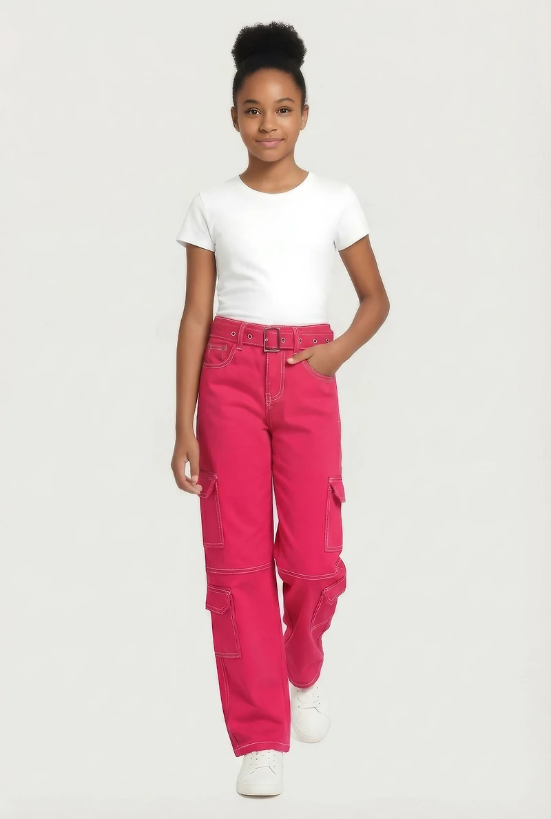 Girls Relaxed Straight Leg Mid Rise Pants, Pink,