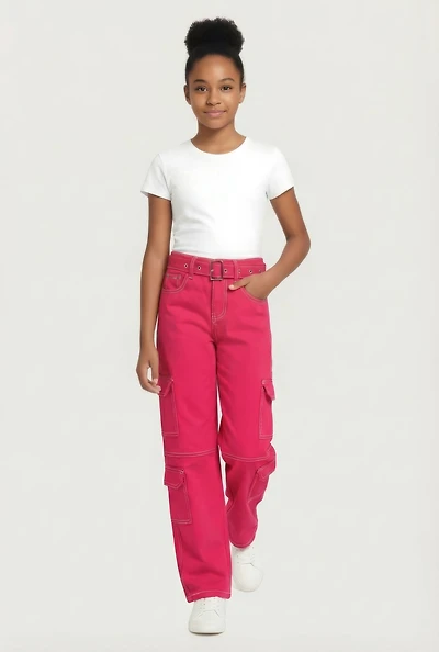 Girls Relaxed Straight Leg Mid Rise Pants, Pink,