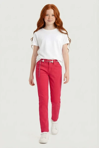 Girls Twill Skinny Pants with Butterfly Charm Chain Belt