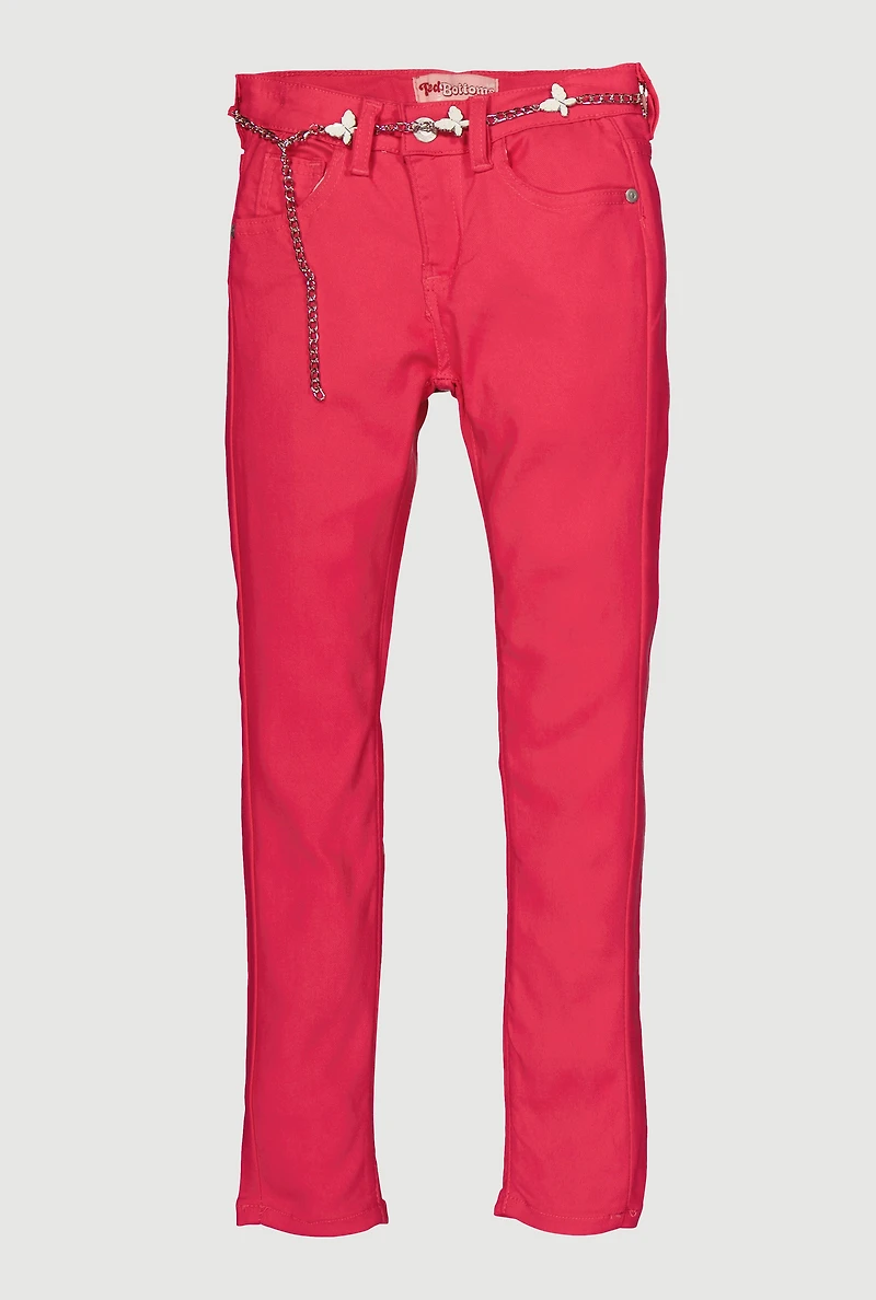 Girls Twill Skinny Pants with Butterfly Charm Chain Belt