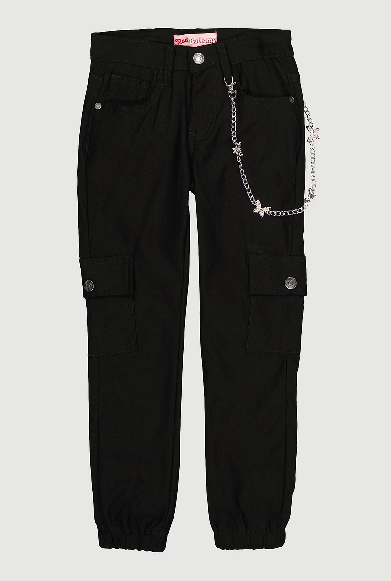 Girls Rhinestone Metallic Chain Detail Cargo Joggers