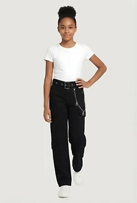 Girls Belted Utility Jeans with Bear Chain