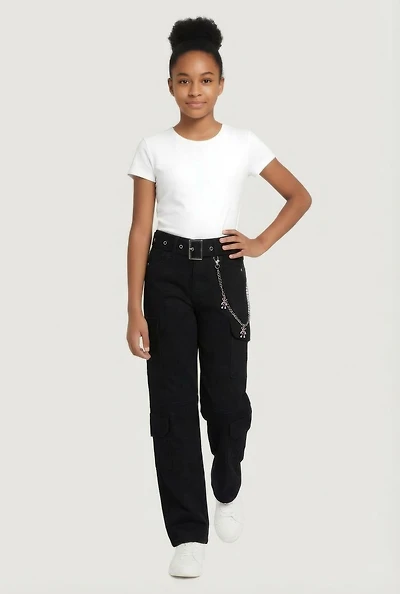 Girls Belted Utility Jeans with Bear Chain