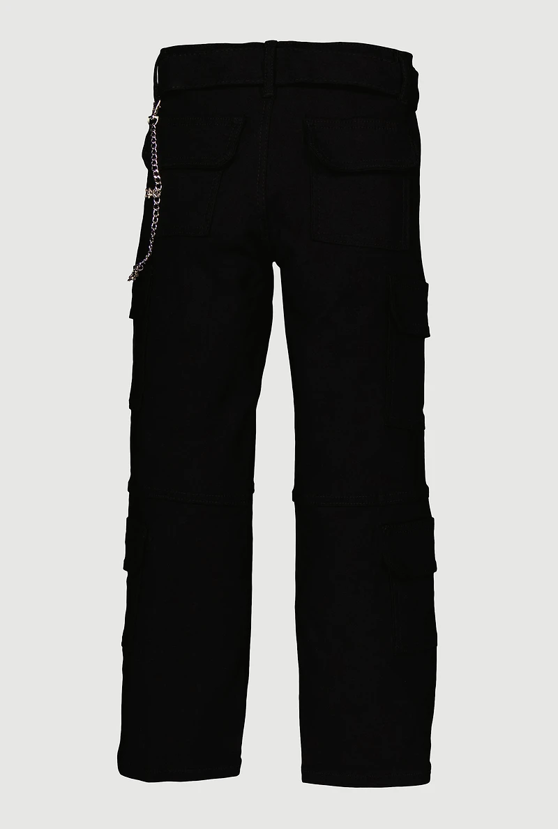 Girls Belted Utility Jeans with Bear Chain