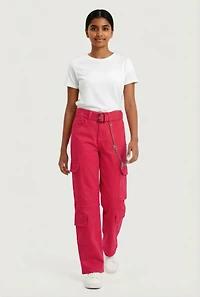 Girls Belted Utility Jeans with Bear Chain, Pink,
