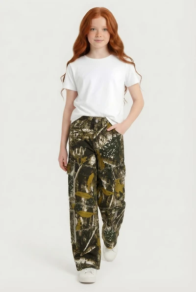 Girls Tree Camo Twill Frayed Straight Leg Utility Pants