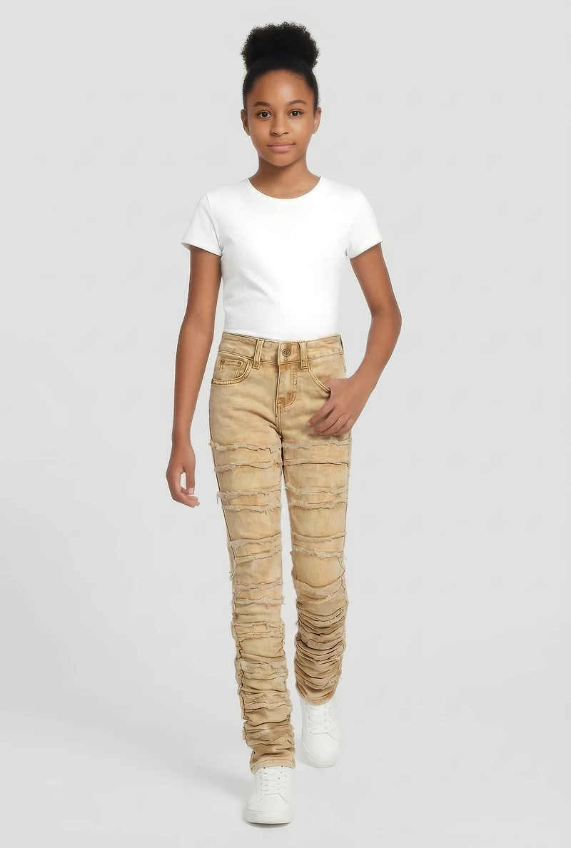 Girls Stacked Acid Wash Skinny Jeans with Adjustable Waistband