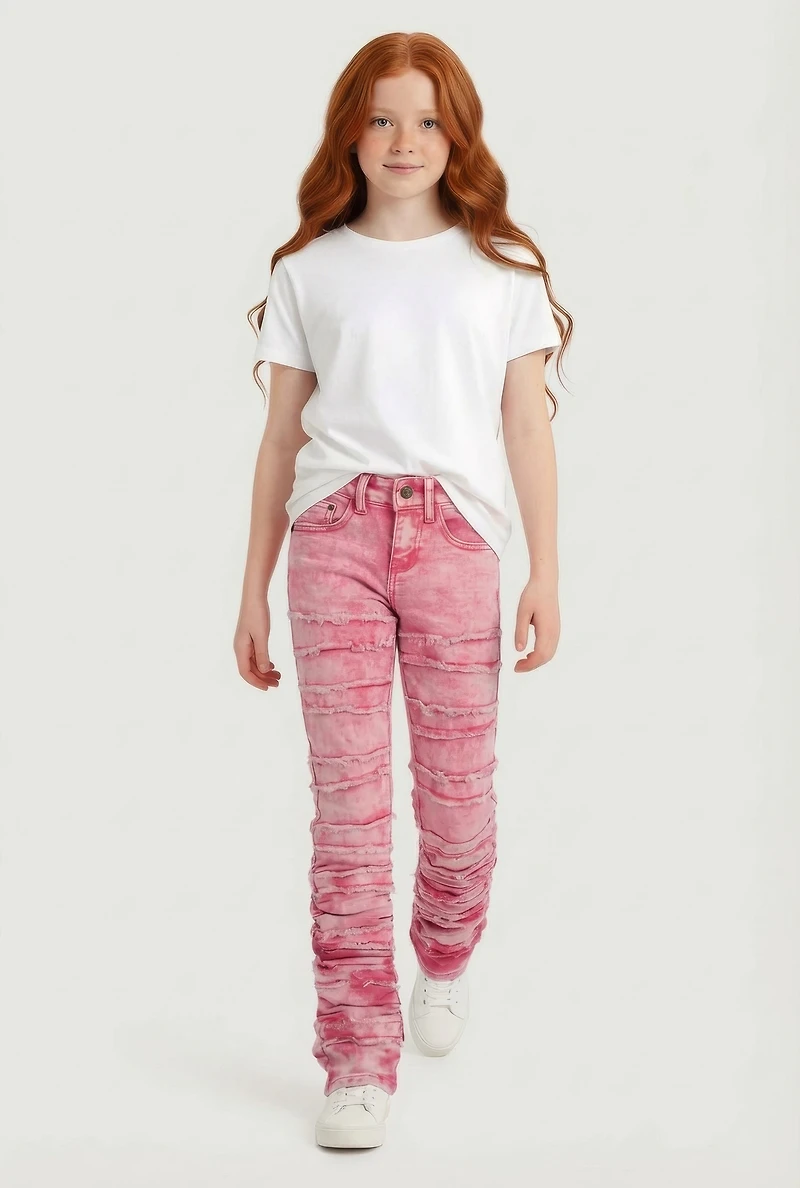 Girls Stacked Acid Wash Skinny Jeans with Adjustable Waistband