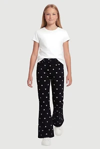 Girls Boot Cut Heart Patterned Mid Rise Pants