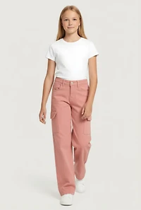 Girls Adjustable Waistband Relaxed Straight Leg Cargo Pants