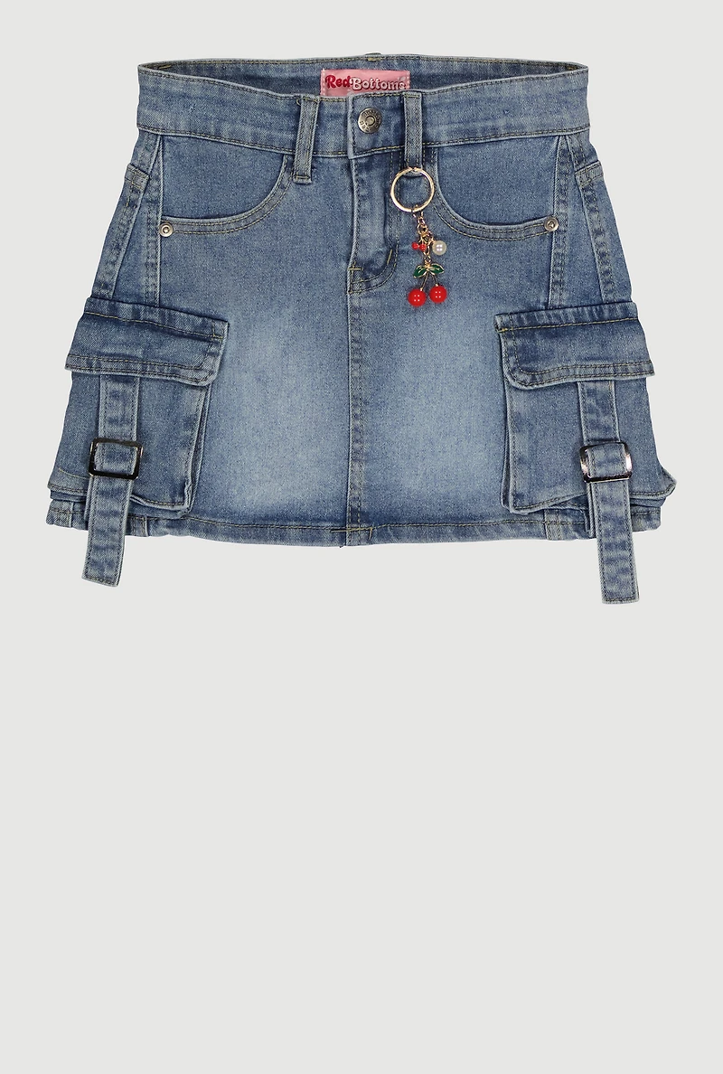 Girls Cherry Keychain Denim Cargo Skirt