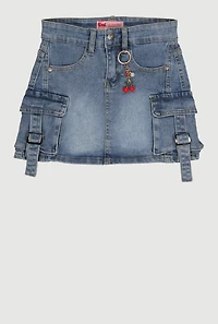 Girls Cherry Keychain Denim Cargo Skirt