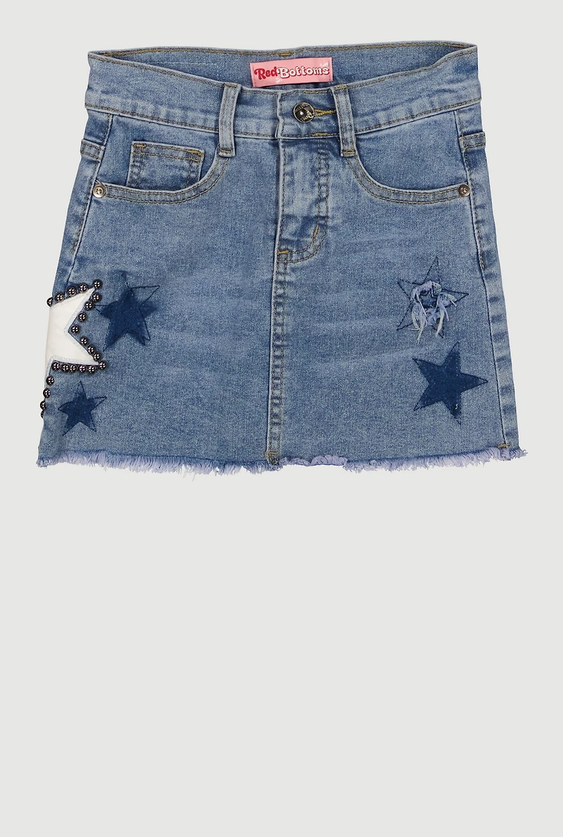 Girls Whiskered Beaded Star Graphic Denim Skirt