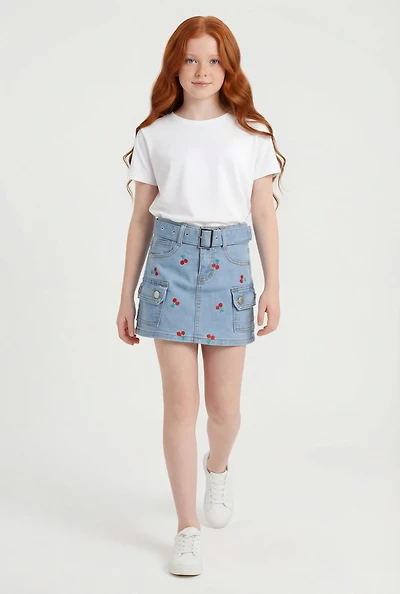 Girls Belted Cherry Graphic Denim Skirt