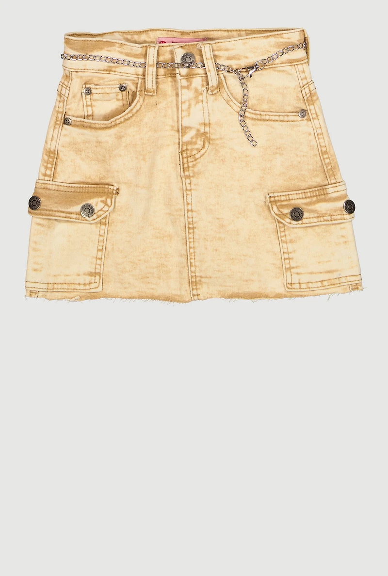Girls Acid Wash Denim Raw Hem Cargo Skirt with Chain Belt