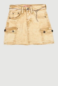 Girls Acid Wash Denim Raw Hem Cargo Skirt with Chain Belt