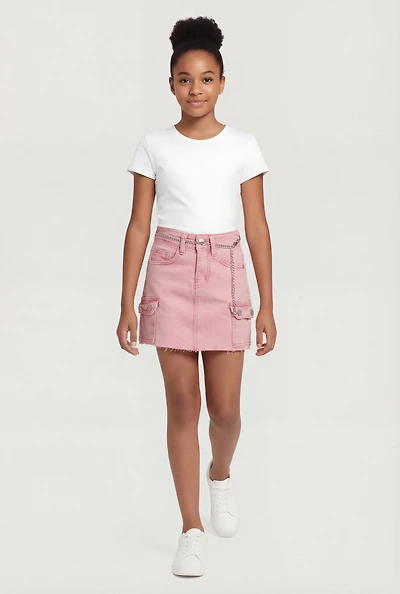 Girls Acid Wash Denim Raw Hem Cargo Skirt with Chain Belt